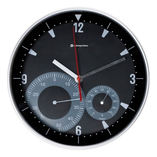 Black wall clock with analog display and integrated thermo-hygrometer.