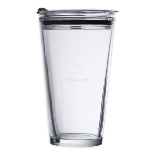 Transparent glass tumbler with lid.