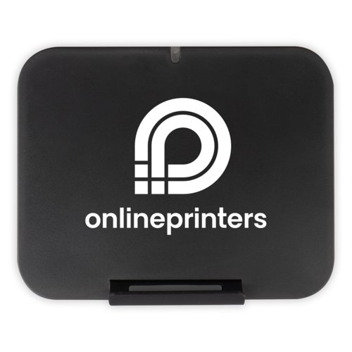 Black induction charger with rounded corners.