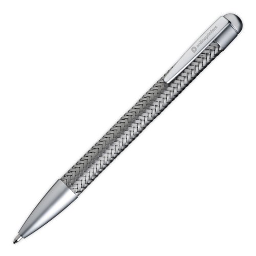 Silver metal ballpoint pen with clip and push button.