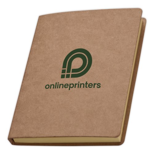 Brown notepad with sticky notes.