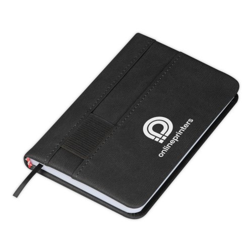 Black notebook with elastic closure and ribbon bookmark.