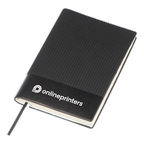 Black notebook with elastic closure and ribbon bookmark.