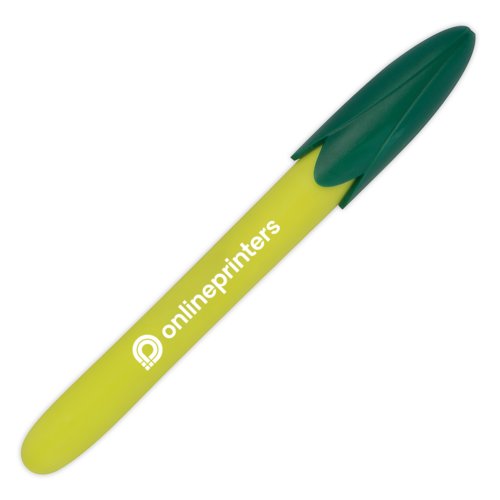 Yellow corn ballpoint pen with green cap.