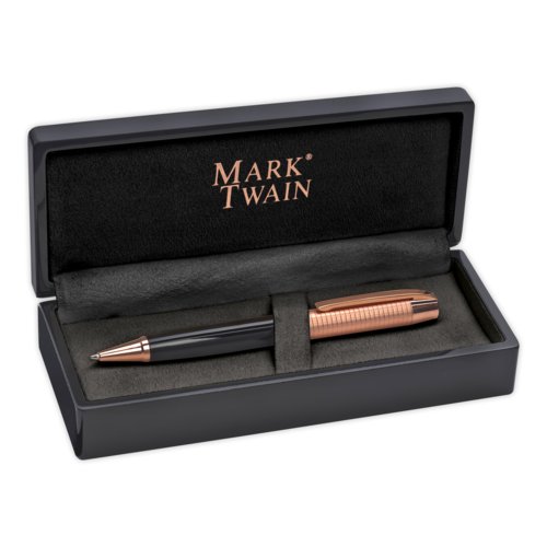 Metal ballpoint pen with clip and twist mechanism.