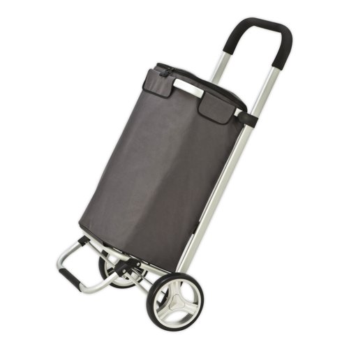 Gray foldable shopping trolley with wheels and handle.