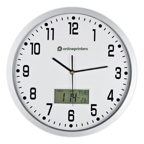 Analog wall clock with digital display.