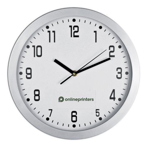 Silver wall clock with hour, minute, and second hands.