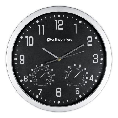 Black wall clock with thermometer and hygrometer.