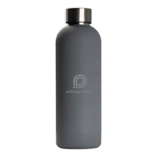 Grey stainless steel drinking bottle with screw cap.