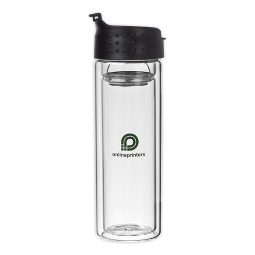 Clear glass bottle with black lid and vacuum insulation.