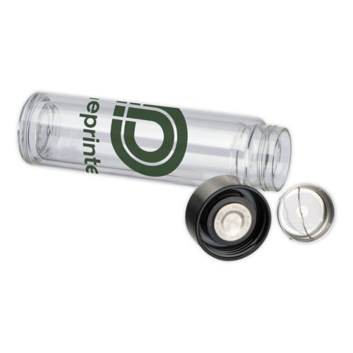Transparent insulated bottle with screw cap.