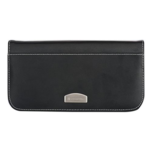 Black faux leather travel wallet with all-round seam.