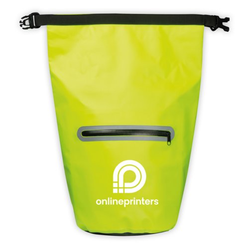 Yellow, waterproof bag with roll closure and outer pocket.