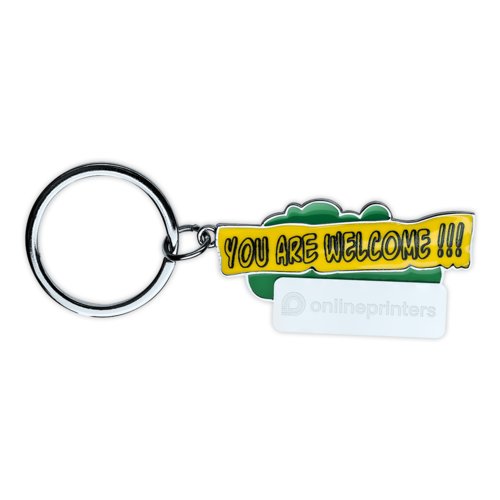 Green plastic keychain with metal ring.