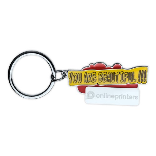 Red patterned keychain with metal ring.