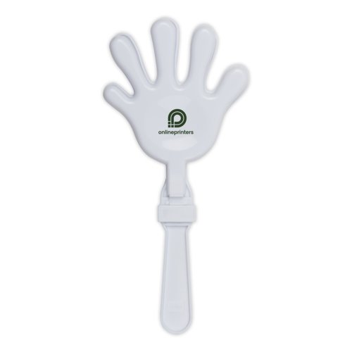 White hand clapper with handle.