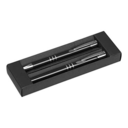 Black writing set with ballpoint pen and pen holder.