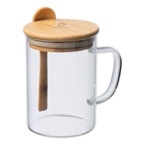 Transparent glass mug with bamboo lid and spoon.