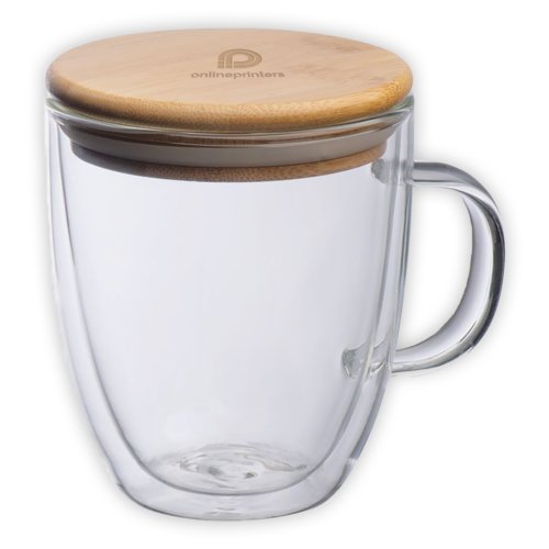 Transparent, double-walled glass cup with bamboo lid and handle.