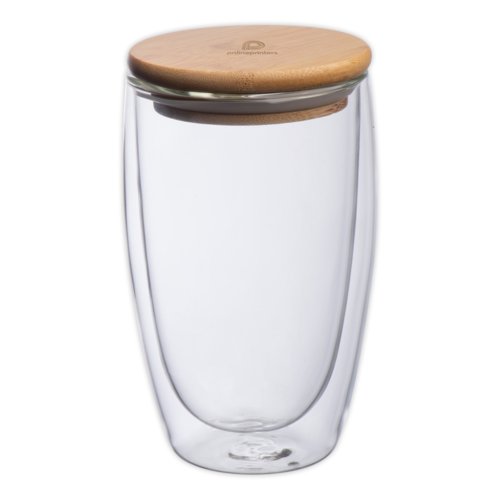 Double-walled glass with wooden lid.