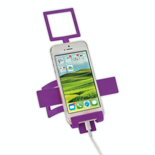 Purple mobile phone holder with square frame.