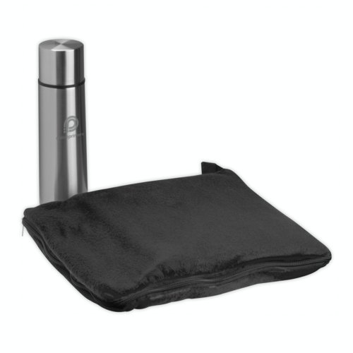 Black fleece blanket with zipper and metal thermos.