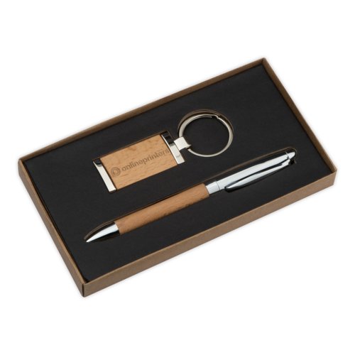 Wooden and metal gift set with ballpoint pen and keychain.