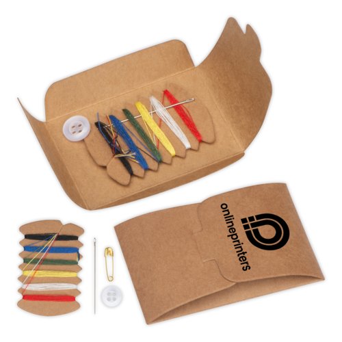 Brown sewing kit with color-assorted thread, needles and buttons.