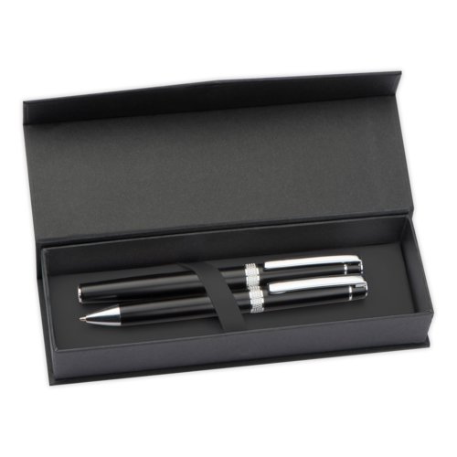Metal writing set consisting of a ballpoint pen and pen in a box.