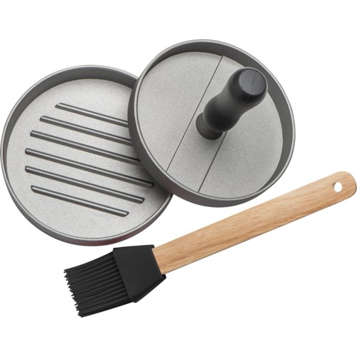 Black metal burger press with silicone brush.