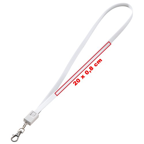 White polyester lanyard with carabiner hook and universal charging cable.