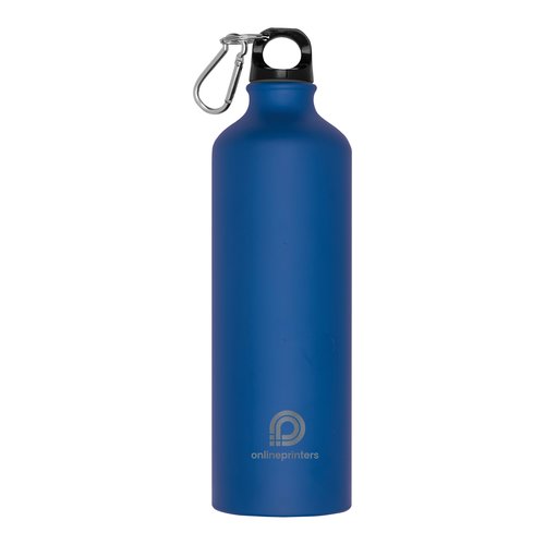 Blue metal drinking bottle with carabiner hook.