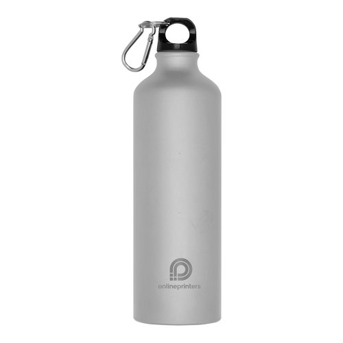 Grey metal water bottle with carabiner.