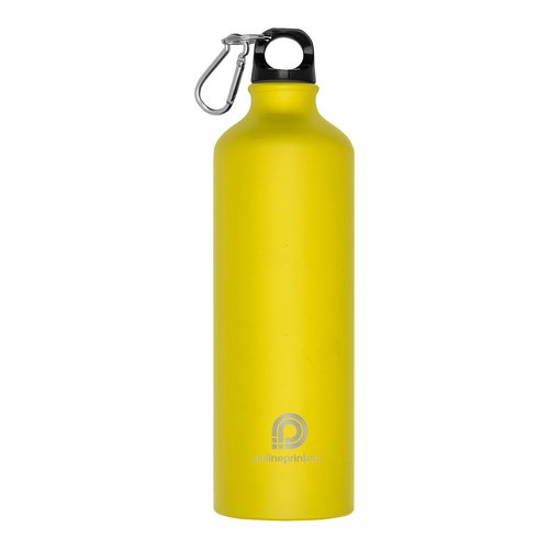 Yellow metal water bottle with carabiner hook.