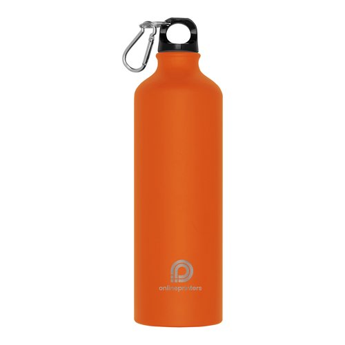 Orange metal drinking bottle with carabiner hook.
