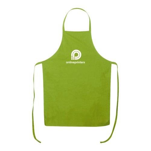 Apple green cotton apron with adjustable neck strap and long ties.