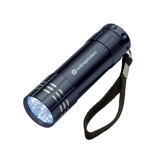Black metal LED lamp with hand strap.