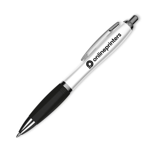 Black plastic ballpoint pen with pattern, clip and push mechanism.