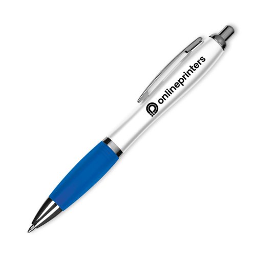 Blue patterned plastic ballpoint pen with clip and push button.