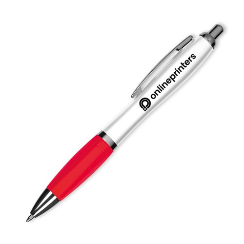 Red plastic ballpoint pen with clip and push mechanism.