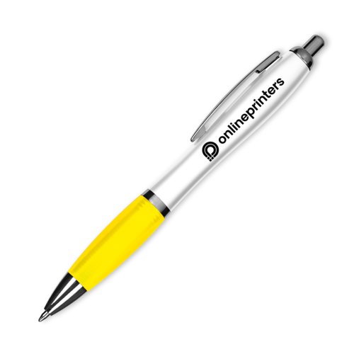 Yellow plastic ballpoint pen with clip.