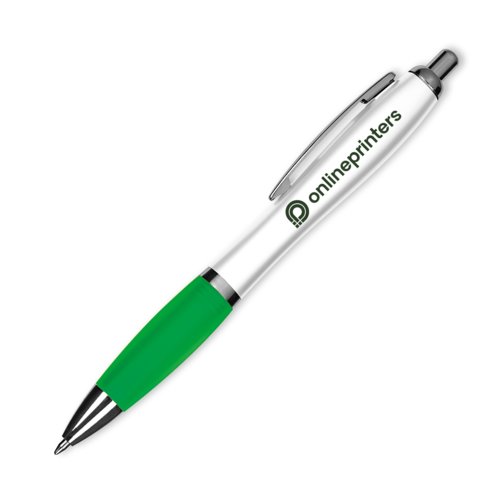 Green plastic ballpoint pen with clip and push button.