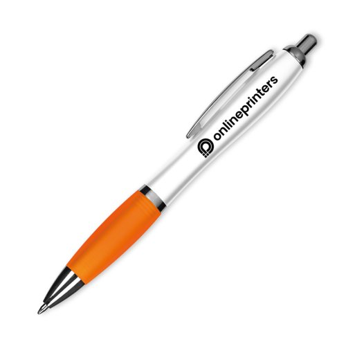 Orange plastic ballpoint pen with clip and push button.
