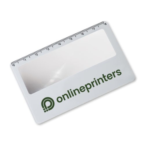 White plastic card-size magnifying glass with measuring scale.