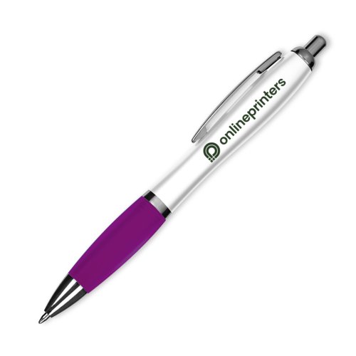 Violet plastic ballpoint pen with clip and push mechanism.
