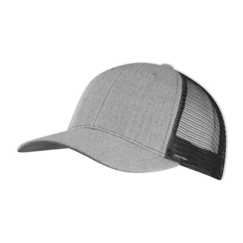Black baseball cap with mesh insert and adjustable closure.