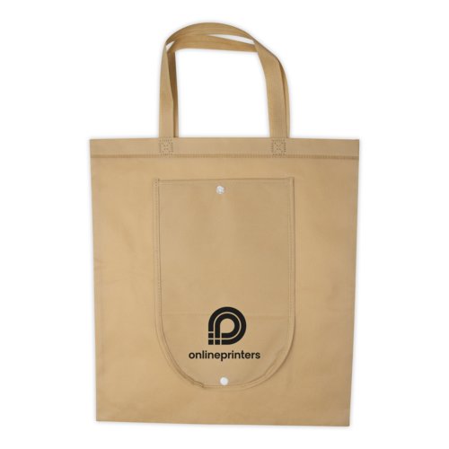 Beige non-woven bag with handles and button.