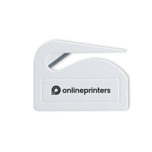 White plastic letter opener with integrated metal blade.