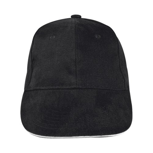 Black fabric baseball cap with six panels.